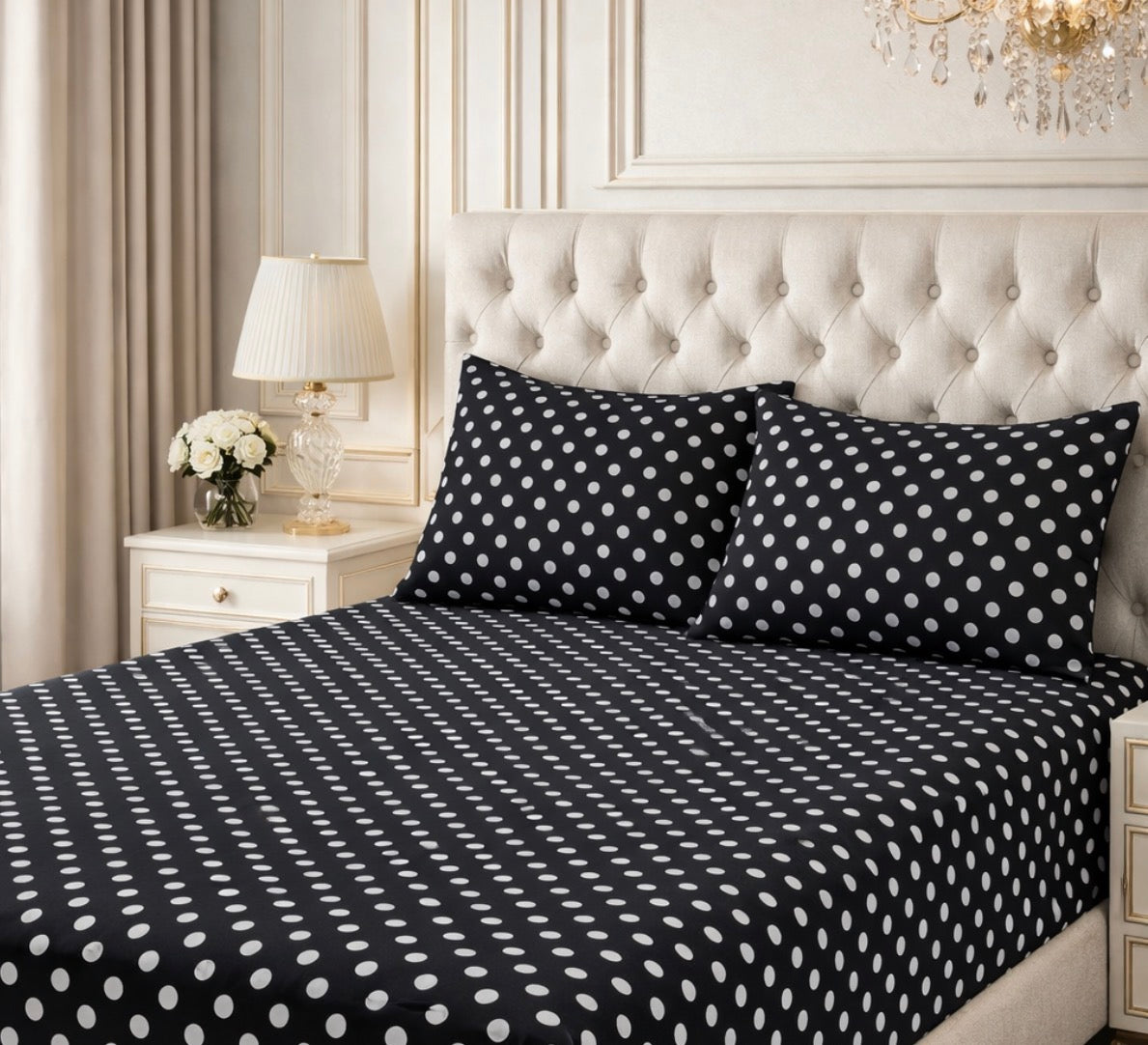 ￼kit Lençol de Elástico King – Estampa Poá Preto com Branco | 3 Peças