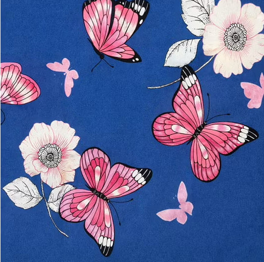 kit Lençol malha box casal 100% algodão com fronhas de borboleta rosa e fundo azul - 3 peças