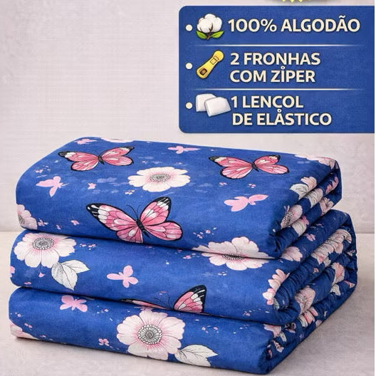 kit Lençol malha box casal 100% algodão com fronhas de borboleta rosa e fundo azul - 3 peças