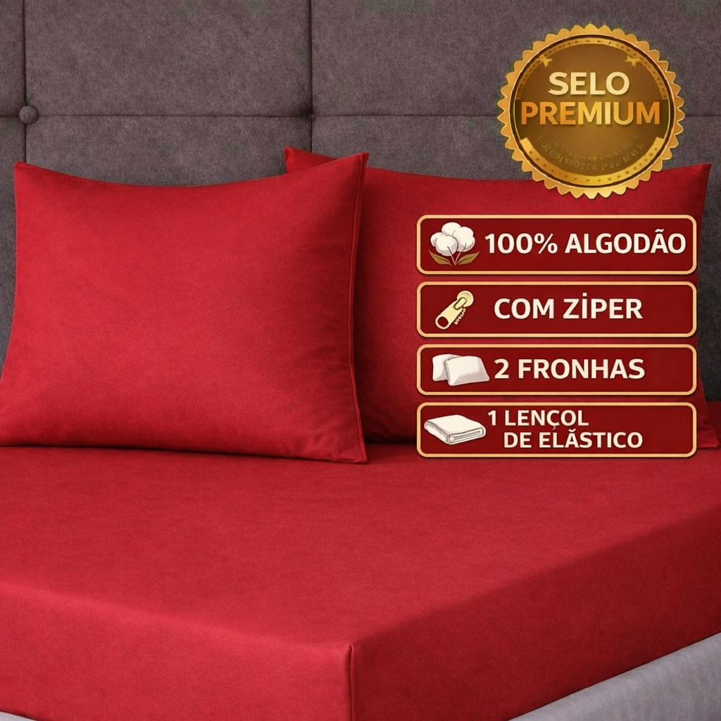 Jogo 3 Peças Queen Lençol com Elástico Malha 100% Algodão com elástico vermelho