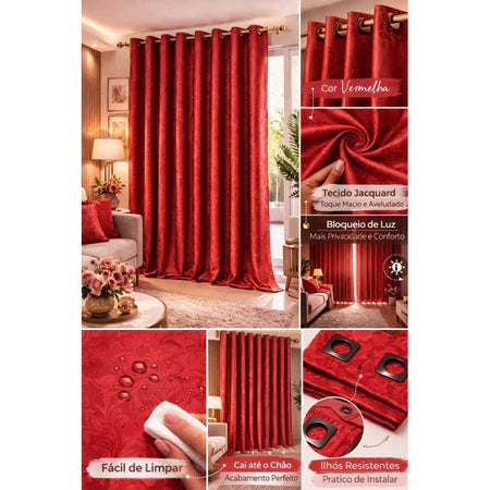 Cortina grande Estampa Jacquard vermelha luxo 3 metros (3,00 x 2,80)