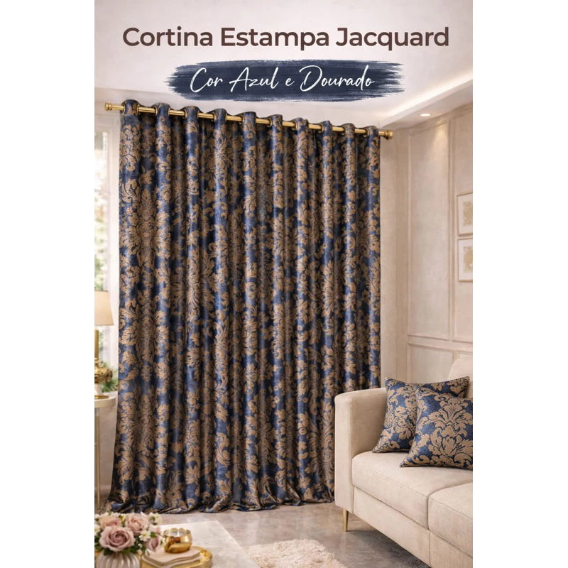 Cortina grande Estampa Jacquard Azul e Dourado luxo 3 metros (3,00 x 2,80)