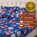 kit Lençol malha box casal 100% algodão com fronhas de borboleta rosa e fundo azul - 3 peças
