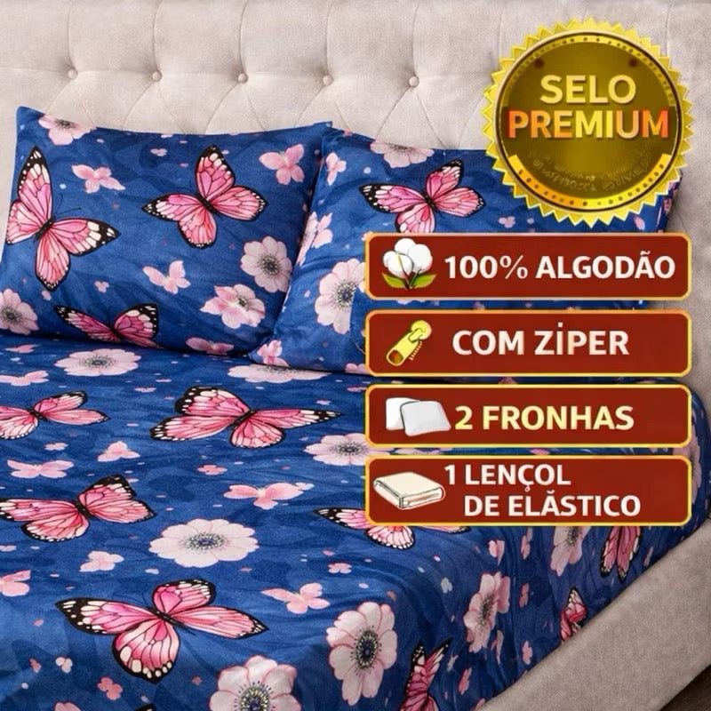 kit Lençol malha box casal 100% algodão com fronhas de borboleta rosa e fundo azul - 3 peças