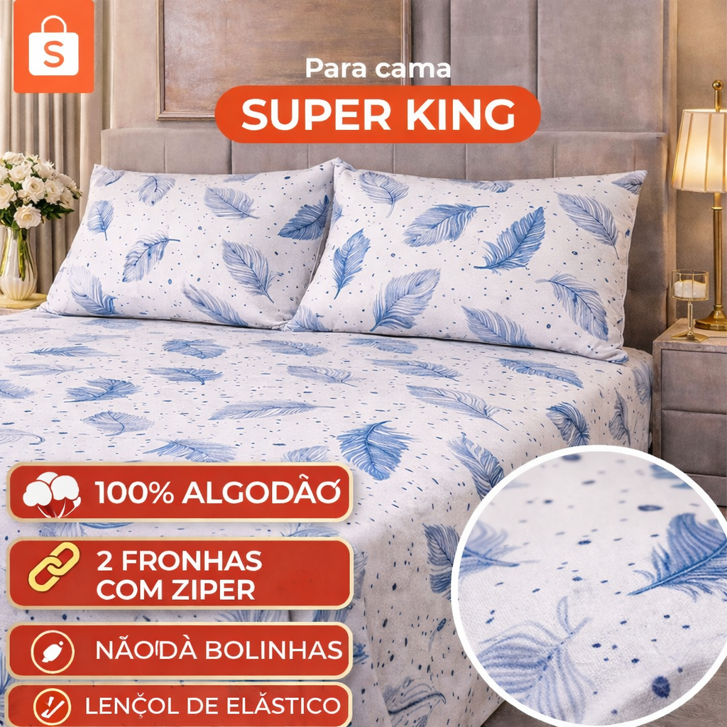￼Kit Lençol Malha Super King 100% Algodão – Estampa Penas Azuis | 3 Peças