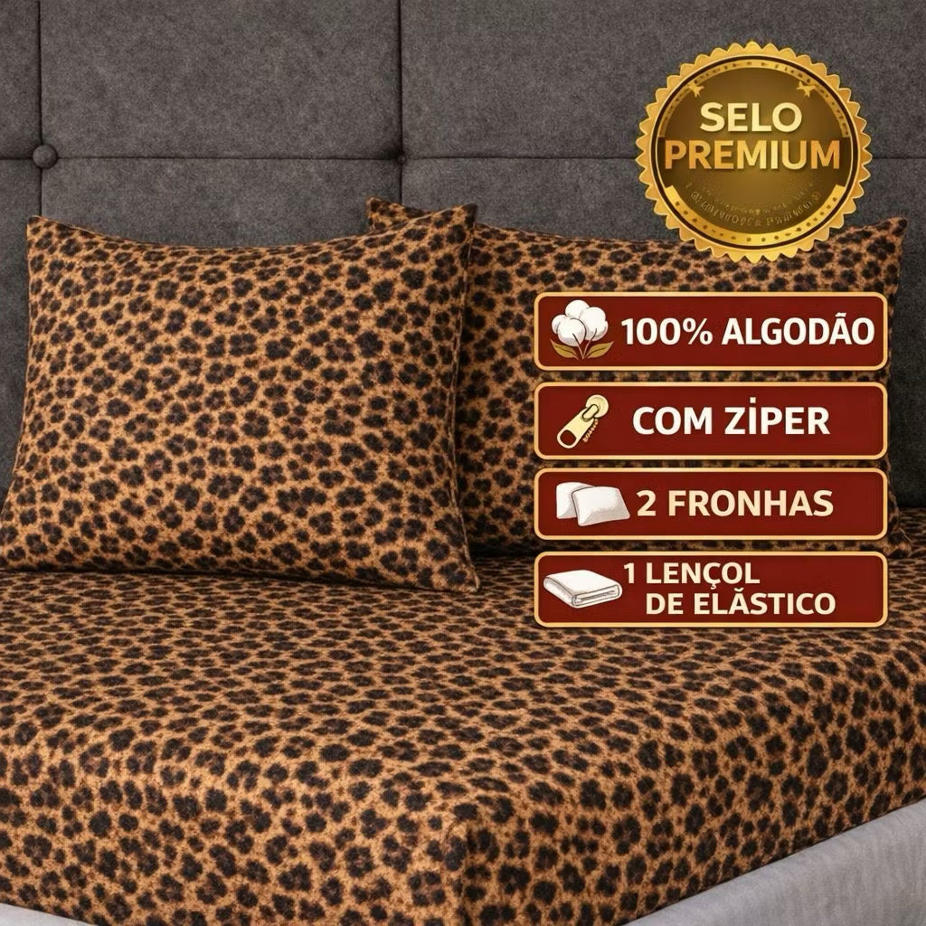 kit Lençol malha queen box casal 100% algodão com fronha oncinha - 3 peças