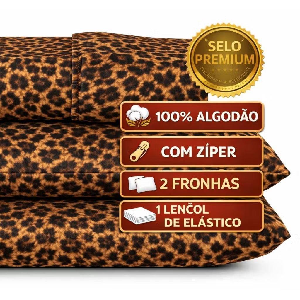 kit Lençol malha queen box casal 100% algodão com fronha oncinha - 3 peças