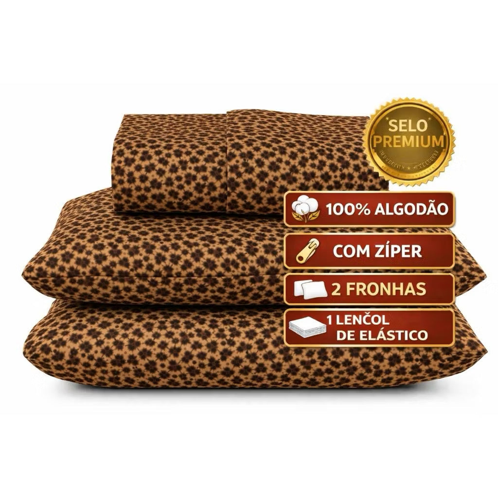 kit Lençol malha queen box casal 100% algodão com fronha oncinha - 3 peças