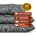 Kit Lençol Malha Queen Box Casal 100% Algodão com Fronha – Estampa Arabescos Preto e Branco | 3 Peças