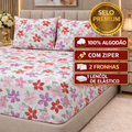 kit Lençol malha queen box casal 100% algodão com fronha estampa flores vermelhas e rosas  - 3 peças