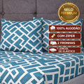 Kit Lençol Malha Queen Box Casal 100% Algodão com Fronha – Estampa Geométrica Azul | 3 Peças