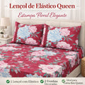 kit Lençol malha queen box casal 100% algodão com fronha estampa floral com vermelho - 3 peças